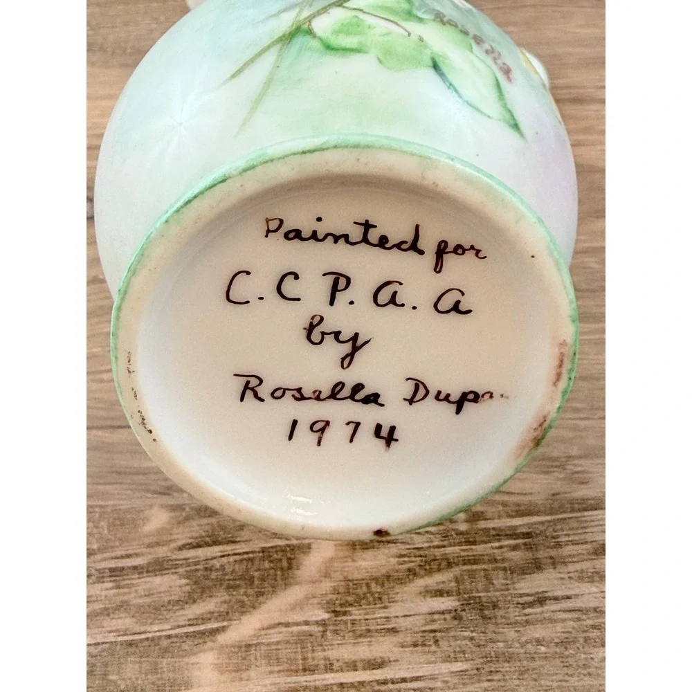 VTG 1974 Hand Painted Green Yellow Gilded Floral Ceramic Pitcher Signed 7